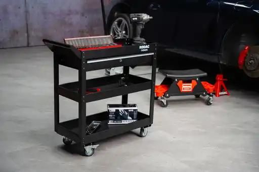 RODAC 3-Tier Tool Cart with Ball-Bearing Drawer, Heavy-Duty Industrial Service Cart with 3" PP Wheels, Ideal for Mechanics and Garages