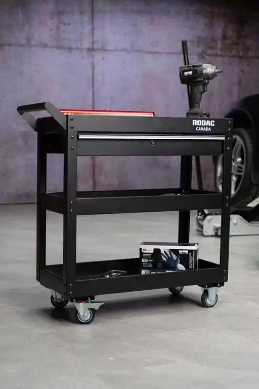 RODAC 3-Tier Tool Cart with Ball-Bearing Drawer, Heavy-Duty Industrial Service Cart with 3" PP Wheels, Ideal for Mechanics and Garages
